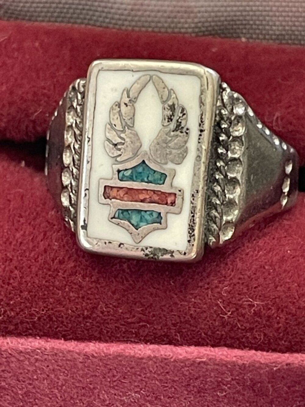 Vintage Pewter Harley Davidson Chip Inlay Sand Cast Biker Signet Ring Size 10.75